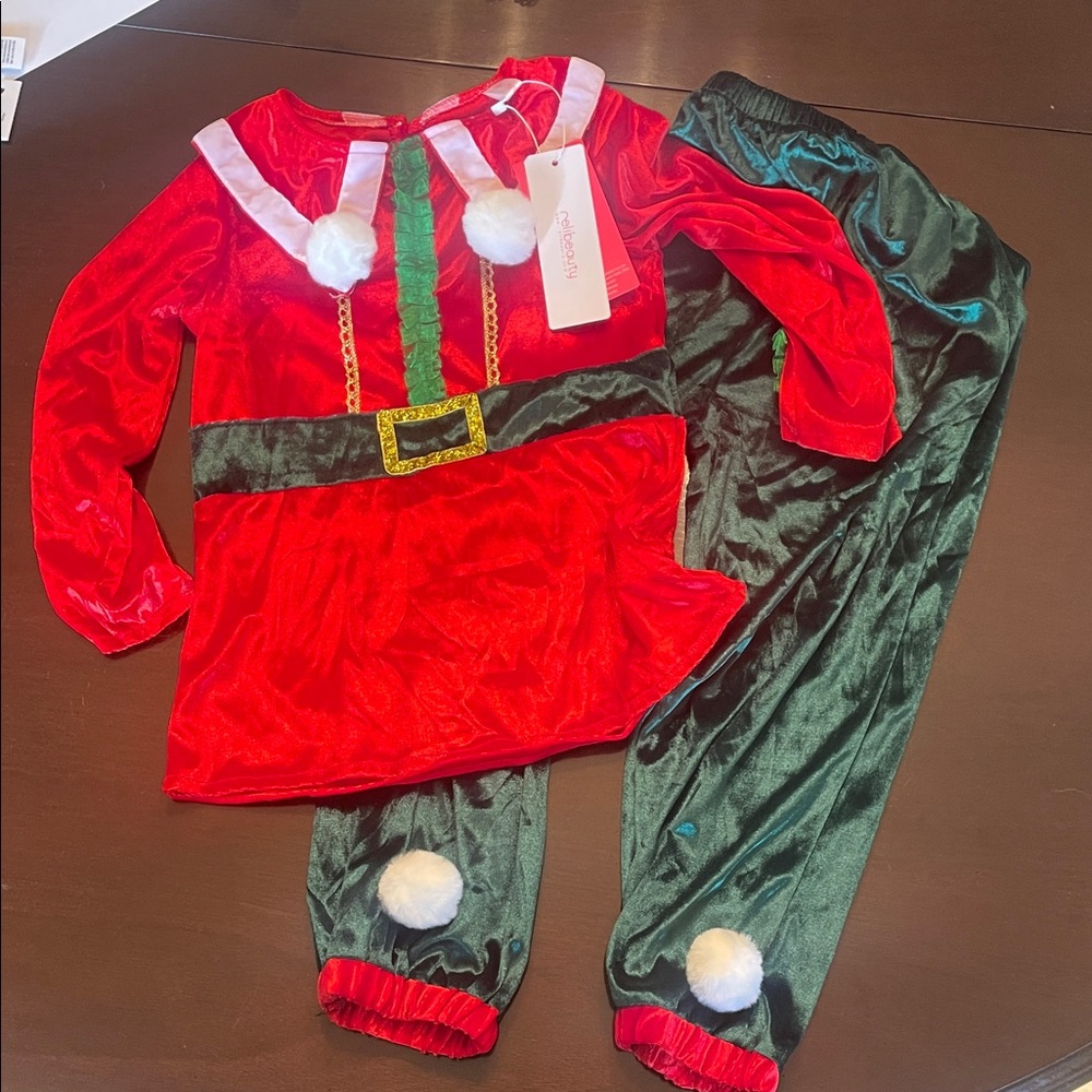 Red and Green Elf Costume for Kids nwt two pieces soft size 120 or 6/7